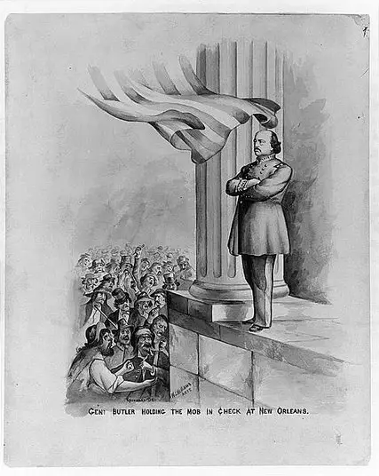 Illustration of General Butler holding the mob in check at New Orleans