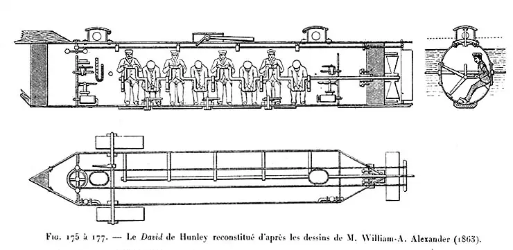 Drawing of Civil War submarine H.S. Hunley