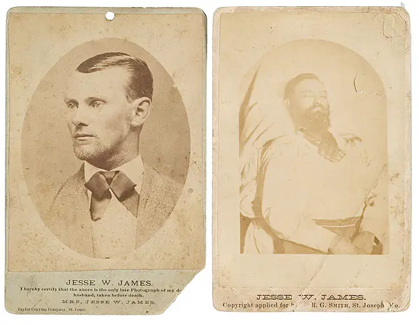 Jesse James post-mortem (right), photo taken by Smith's Studio at Sidenfaden Funeral Home in St. Joseph, Missouri on April 3, 1882