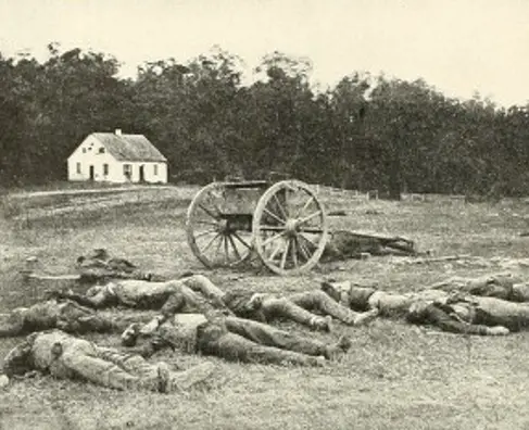 Dead Confederate artillerymen photographed by Alexander Gardner in front of Dunker Church after the Battle of Antietam in Sept of 1862