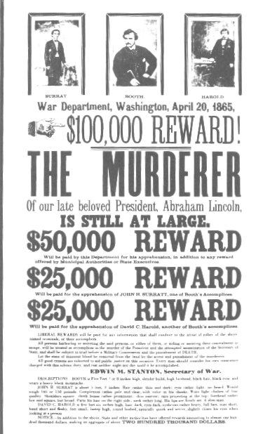 Wanted poster featuring John Surratt next to John Wilkes Booth