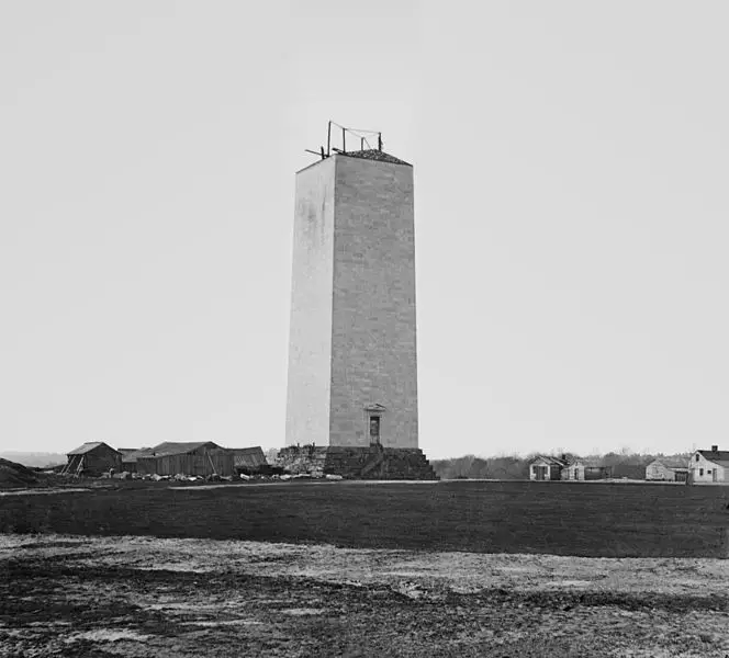 The unfinished Washington monument photographed by Mathew Brady in 1860