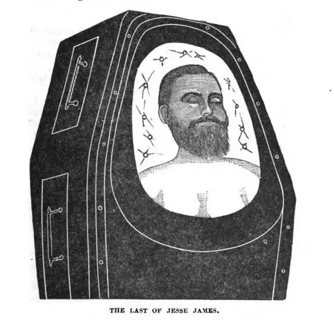 Jesse James in his coffin, illustration published in The Outlaws of the Border, circa 1882